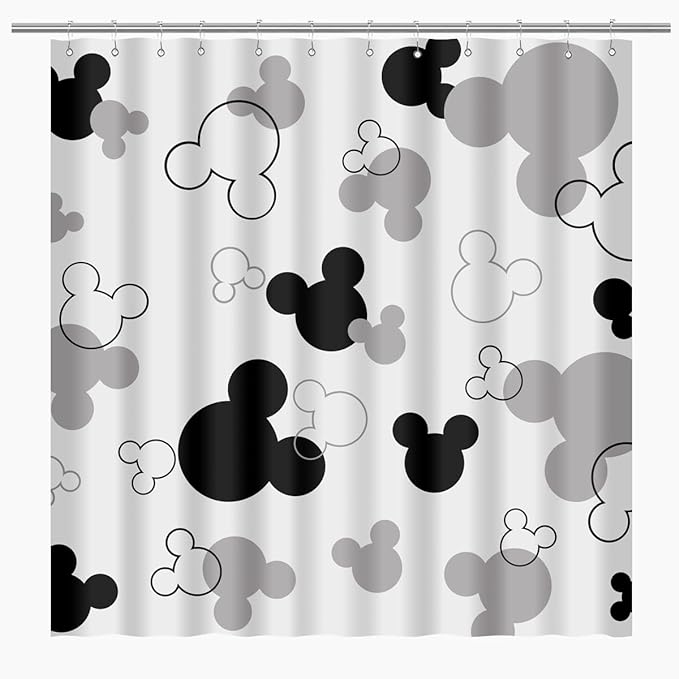 BIYSUC Mouse Head Shower Curtain Black and White Children Cartoons Kids Bath ...