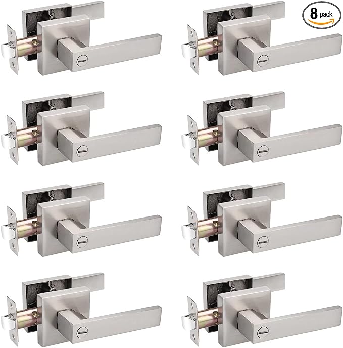 Probrico 8 Pack Square Privacy Door Levers Door Lock Hardware Handle Storage Room Bathroom Keyless Lever Square Rose in Satin Nickel Adjustable Latch Backset-Door Lever-DL01