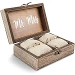 Juvale Mr & Mrs Wood Engagement and Wedding Ring Box with Burlap Pillow Lining