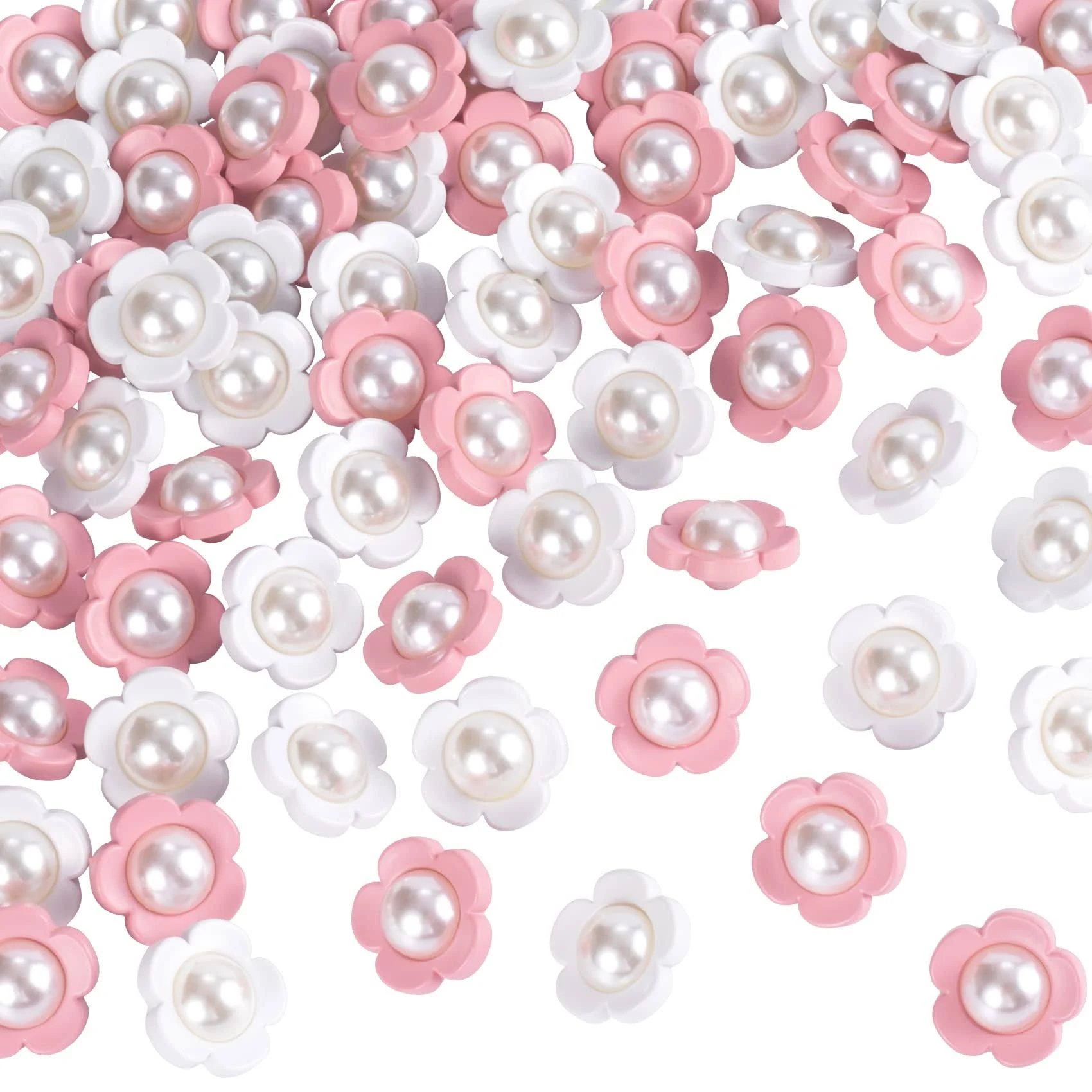 PAGOW 50pcs Cute Flower Shank Pearl Sewing Buttons 18mm(Pink,White)