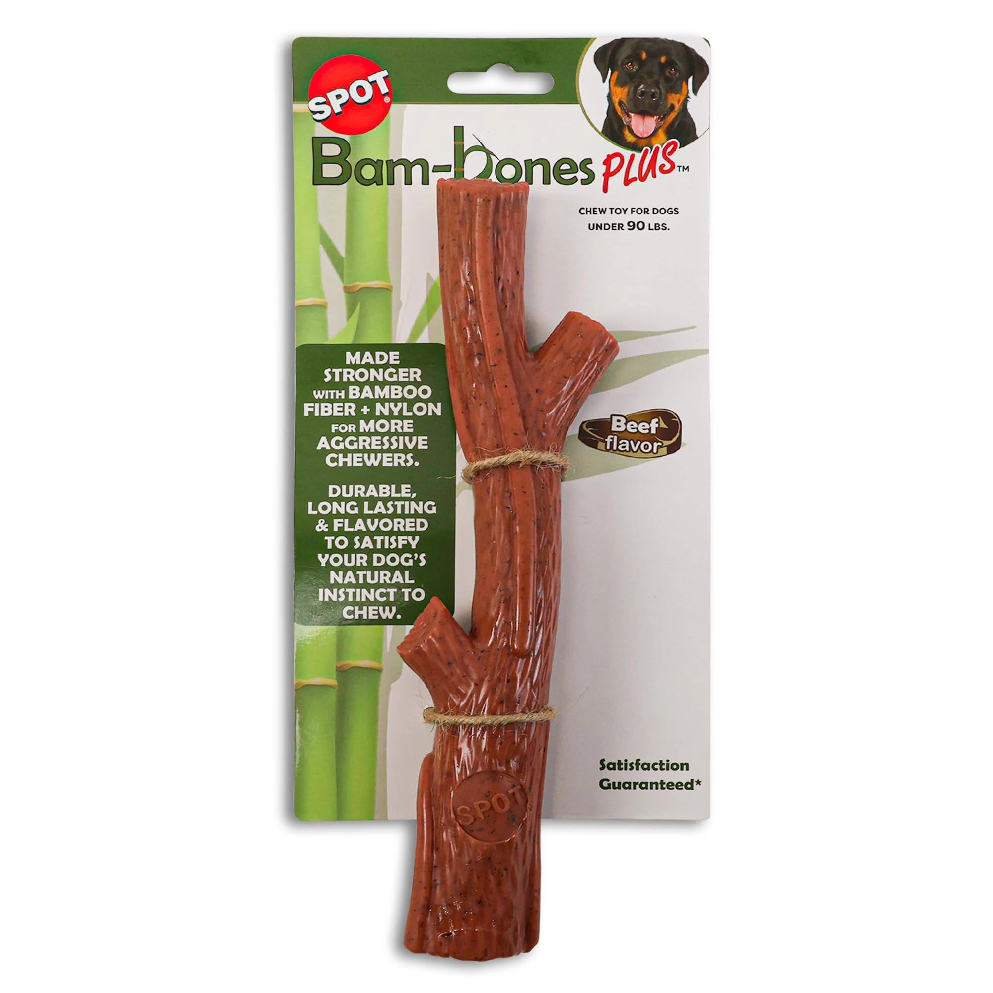 SPOT Bam-bones PLUS Branch -Bamboo Fiber & Nylon, Durable Long Lasting Dog Chew for Aggressive Chewers – Great Toy for Adult Dogs & Teething Puppies under 90lbs, Non-Splintering, 9.5in, Beef Flavor