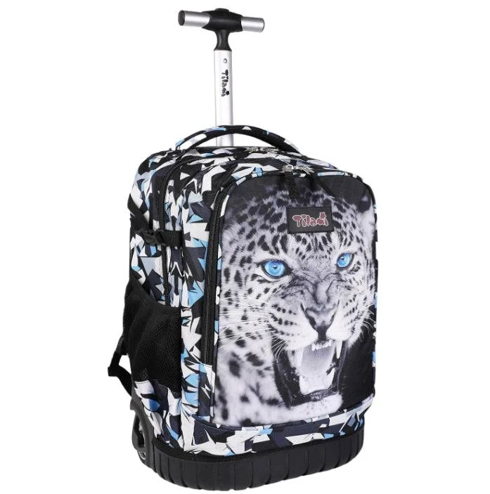 Tilami Rolling Backpack, 18 inch Shoulder Drop, Concealed Pockets and Wheel Cover, Laptop Backpack for Boys and Girls, Leopard Black