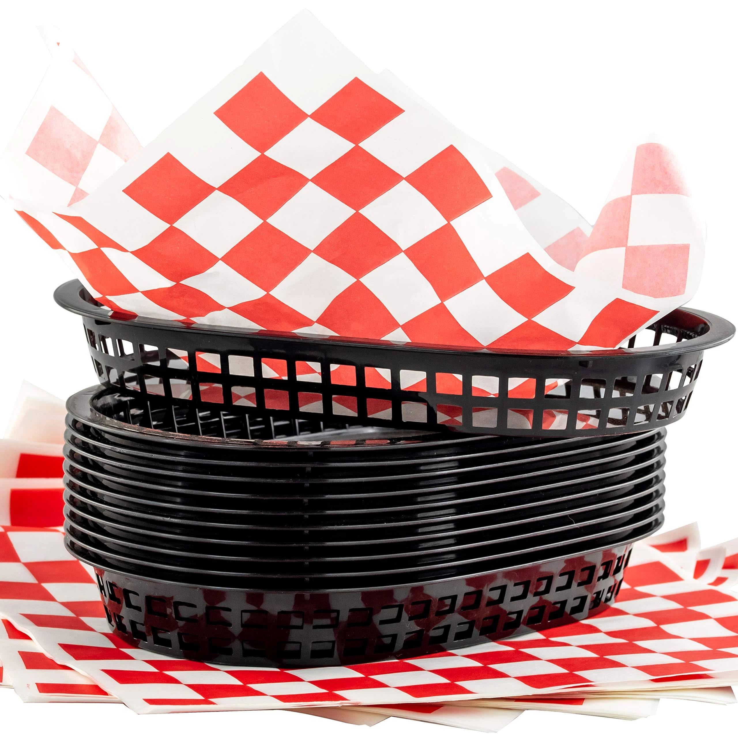 Retro Style Black Fast Food Basket (6 Pk) and Red Checkered Deli Liner (60 Pk) Combo. Classic 11 In Deli Baskets Are Microwavable and Dishwasher Safe. Disposable Deli Paper Squares for Easy Cleanup