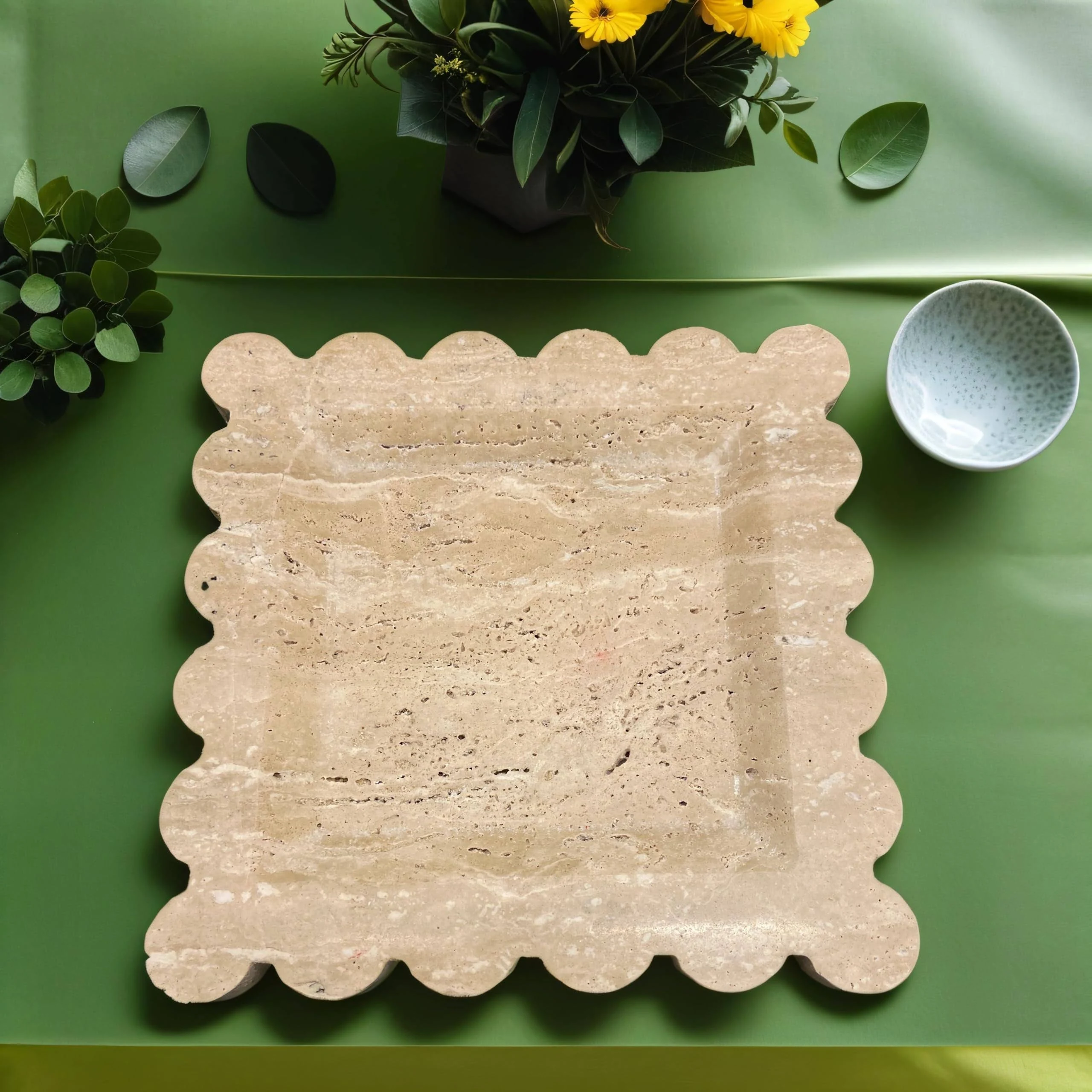 Natural Travertine Decorative Tray, Square Marble Stone Scalloped Tray, Handmade Marble Trays for Decor, Birthday Gifts for Woman