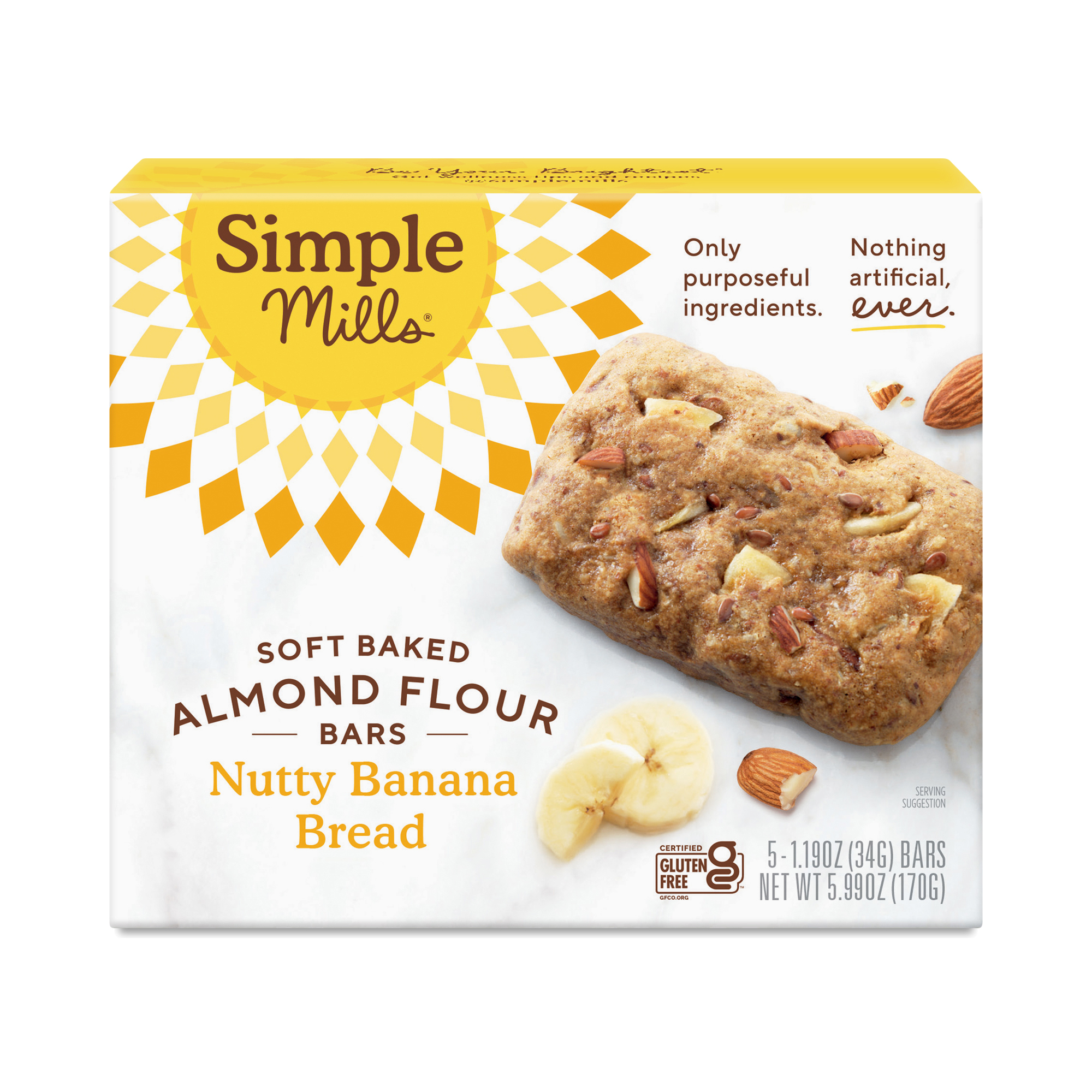 Simple Mills Almond Flour Bars, Nutty Banana Bread, Soft Baked - 5 pack, 1.19 oz bars