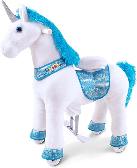 WondeRides Ride on Bule Unicorn Pony Cycle Horse Toy (Medium Size 4, Height 36 Inch), Riding Horse Pony Walking Rocking Plush Animal as Birthday Gifts for Children for 4-9 Years Old.