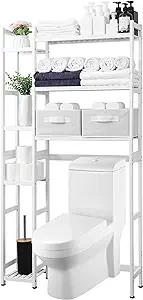 Homde Over The Toilet Storage with Basket and Drawer, Bamboo Bathroom Organizer with Adjustable Shelf & Waterproof Feet Pad, Space Saver Storage