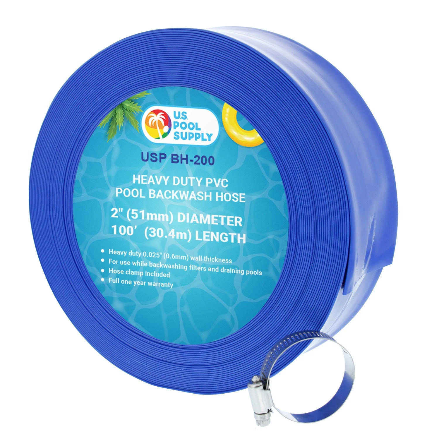 U. S. Pool Supply 2" x 100' Heavy Duty Blue PVC Swimming Pool Backwash Hose with Hose Clamp