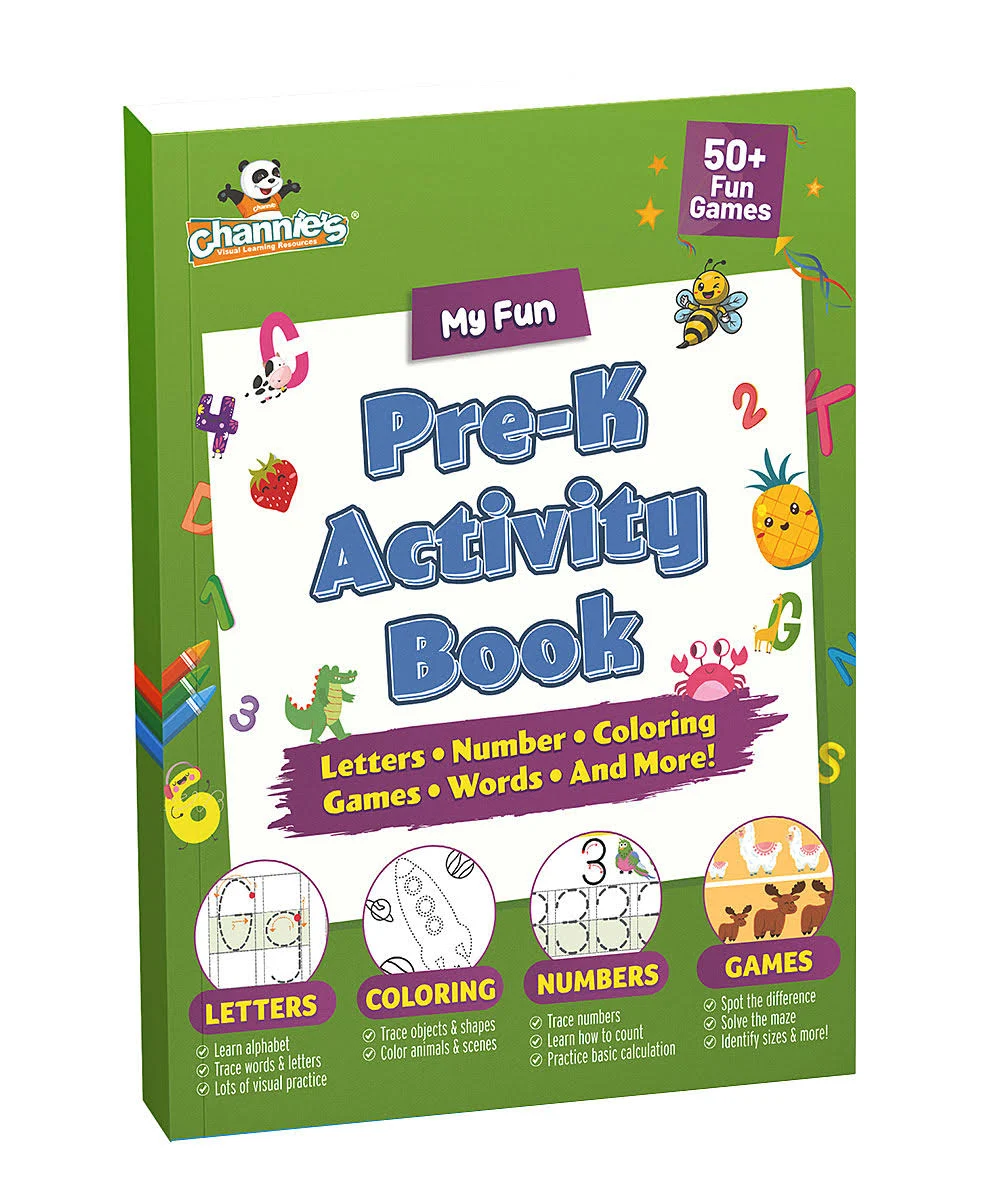 Channie's Pre-K Activity Book, Preschool Workbook with Fun Educational Learning Activities for Kids, Ages 3-5, 50+ Games, Colors, Letter-Tracing, Counting, Mazes, and More!