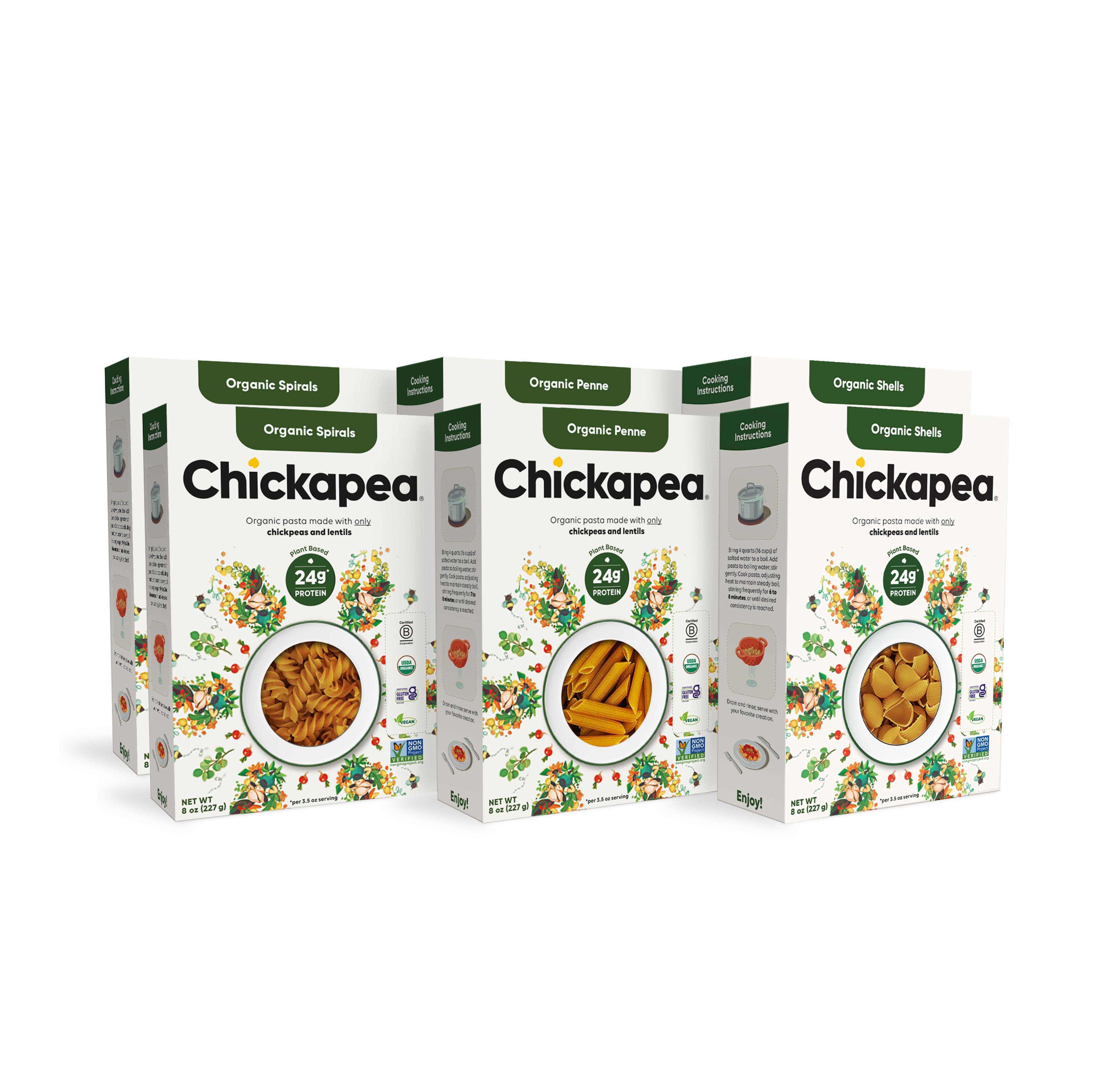 Chickapea Organic Chickpea Pasta - Spirals, Penne, Shells Variety Pack - 8 oz (Pack of 6)