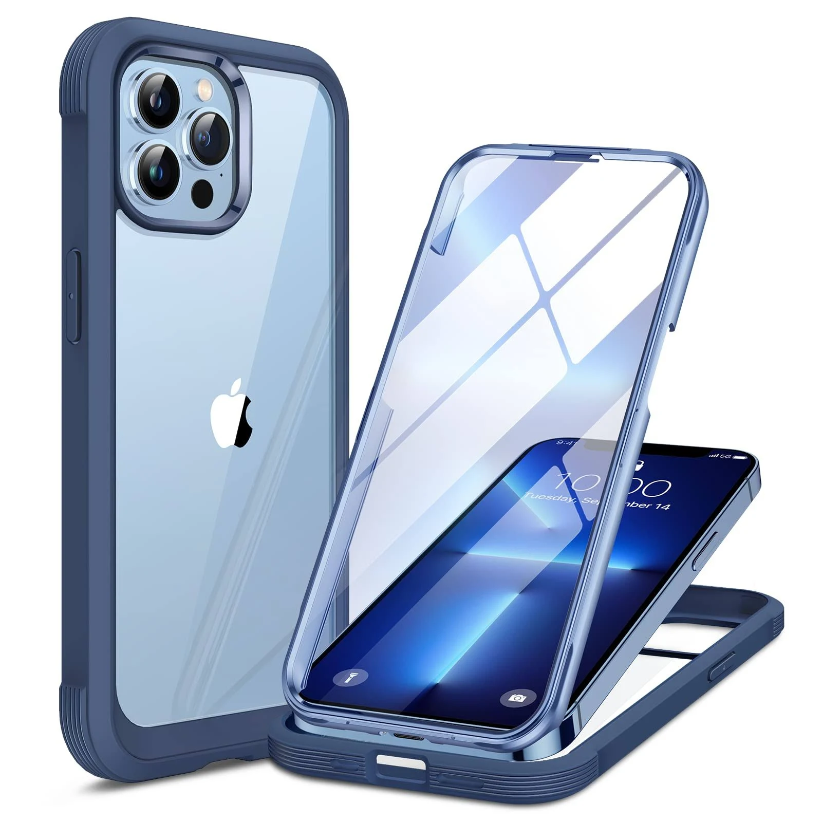 Miracase Glass iPhone 13 Pro Case 6.1 inch, 2023 Upgrade Full-Body Clear Bumper Case with Built-in 9H Tempered Glass Screen Protector for iPhone 13 Pro, Dark Blue