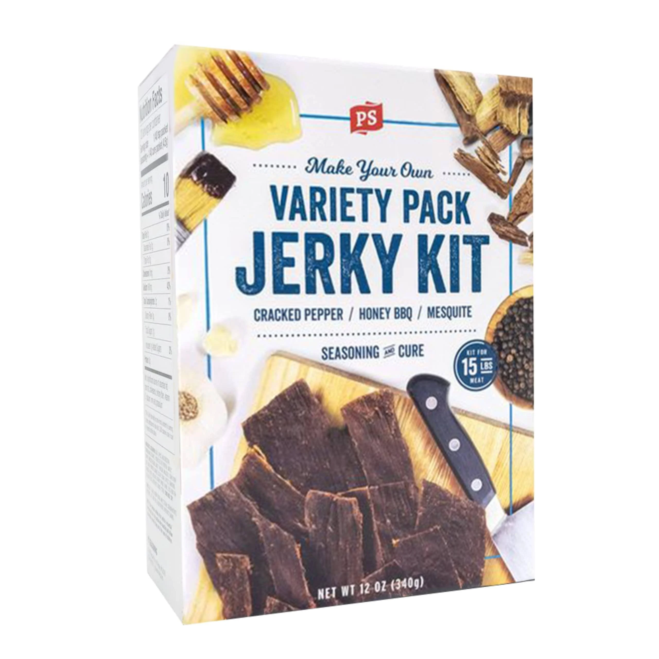 PS Seasoning Jerky Seasoning and Cure Kit (Variety Pack) - Includes Cracked Pepper & Garlic, Honey BBQ, Mesquite - Wild Game Hunters - Jerky Cure - Dehydrated - Beef, Turkey, Venison - DIY