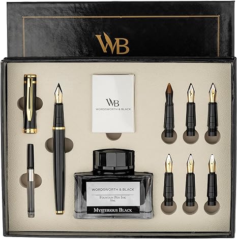 Wordsworth & Black Calligraphy Pen Gift Set, Black Gold 6 Cartridges 1 Ink Bottle ...