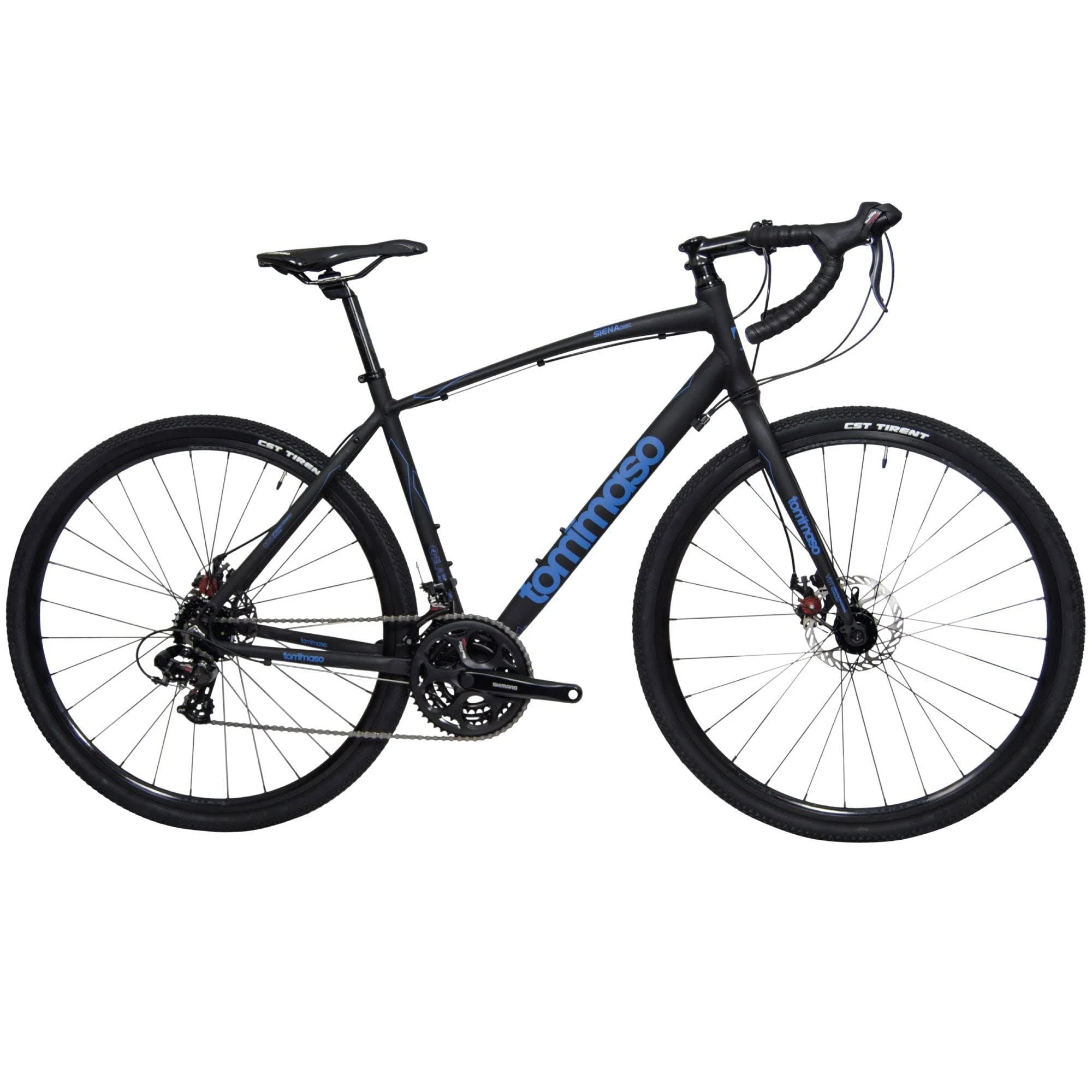 Tommaso Siena Gravel Bike, Shimano Tourney Adventure Bike with Disc Brakes, Extra Wide Tires, Perfect for Road Or Dirt Touring, Matte Black, Blue