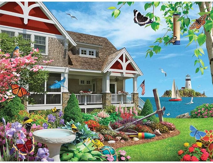 Bits and Pieces - 1000 Piece Jigsaw Puzzle for Adults 20" x 27"  - Blooming Beach House - 1000 pc Beach House Bird Flower Coast Jigsaw by Artist Alan Giana