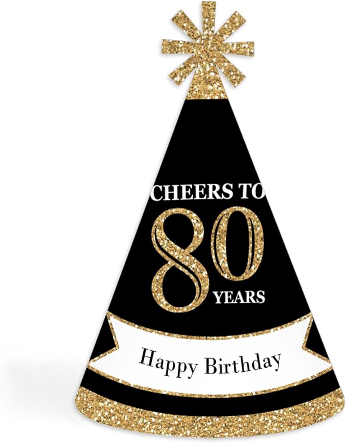 Big Dot of Happiness Adult 80th Birthday - Gold - Cone Birthday Party Hats 8 Ct