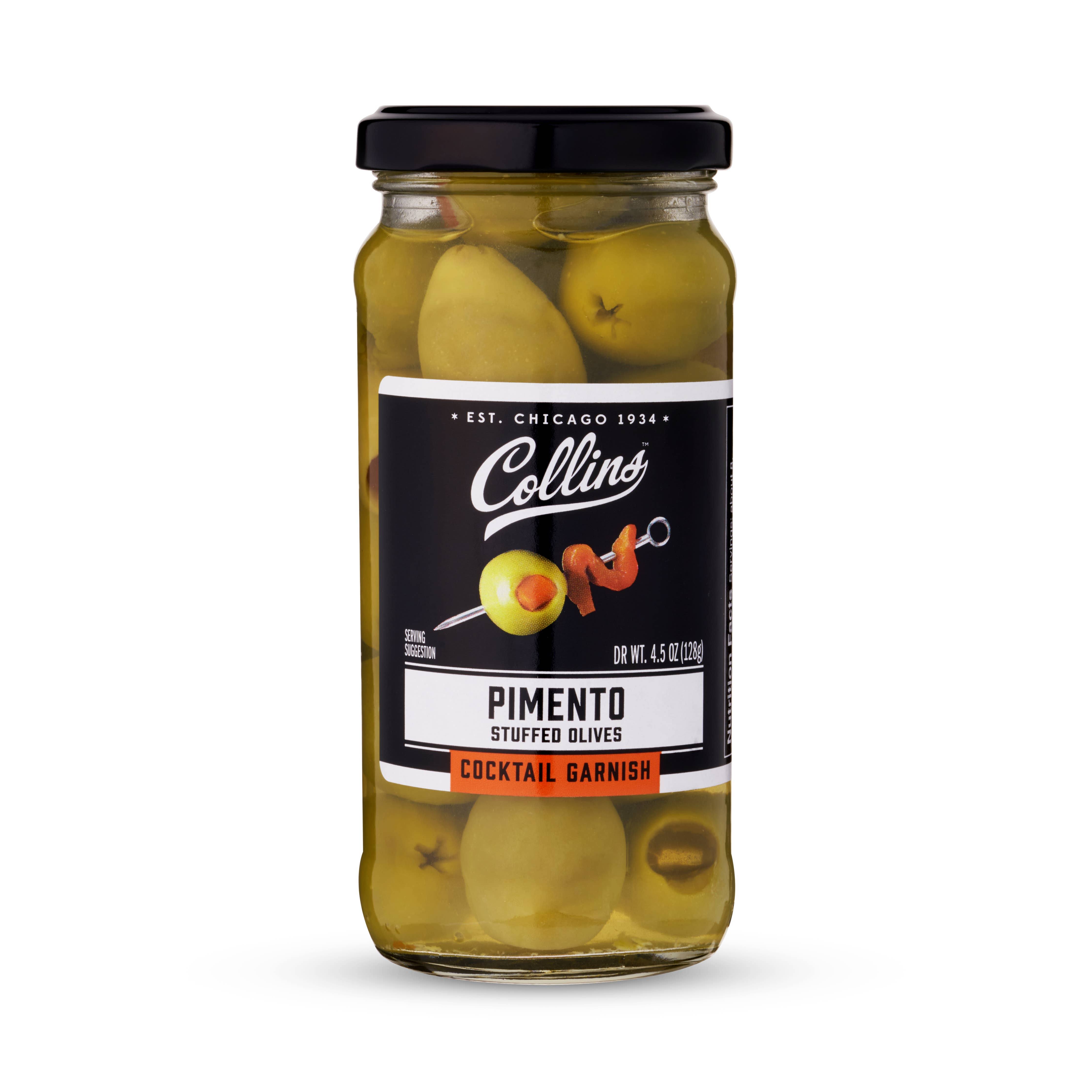 Collins Pimento Stuffed Olives - Gourmet Cocktail Olives - Spanish Queen Olives with Pimento Pepper, Dirty Martini cocktail and Condiment Olives 4.5oz