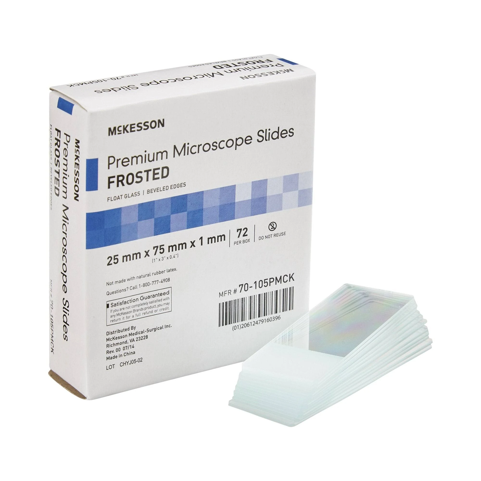 McKesson Premium Microscope Slides, Frosted, Float Glass, Beveled Edges, 25 mm x 75 mm x 1 mm, 72 Count