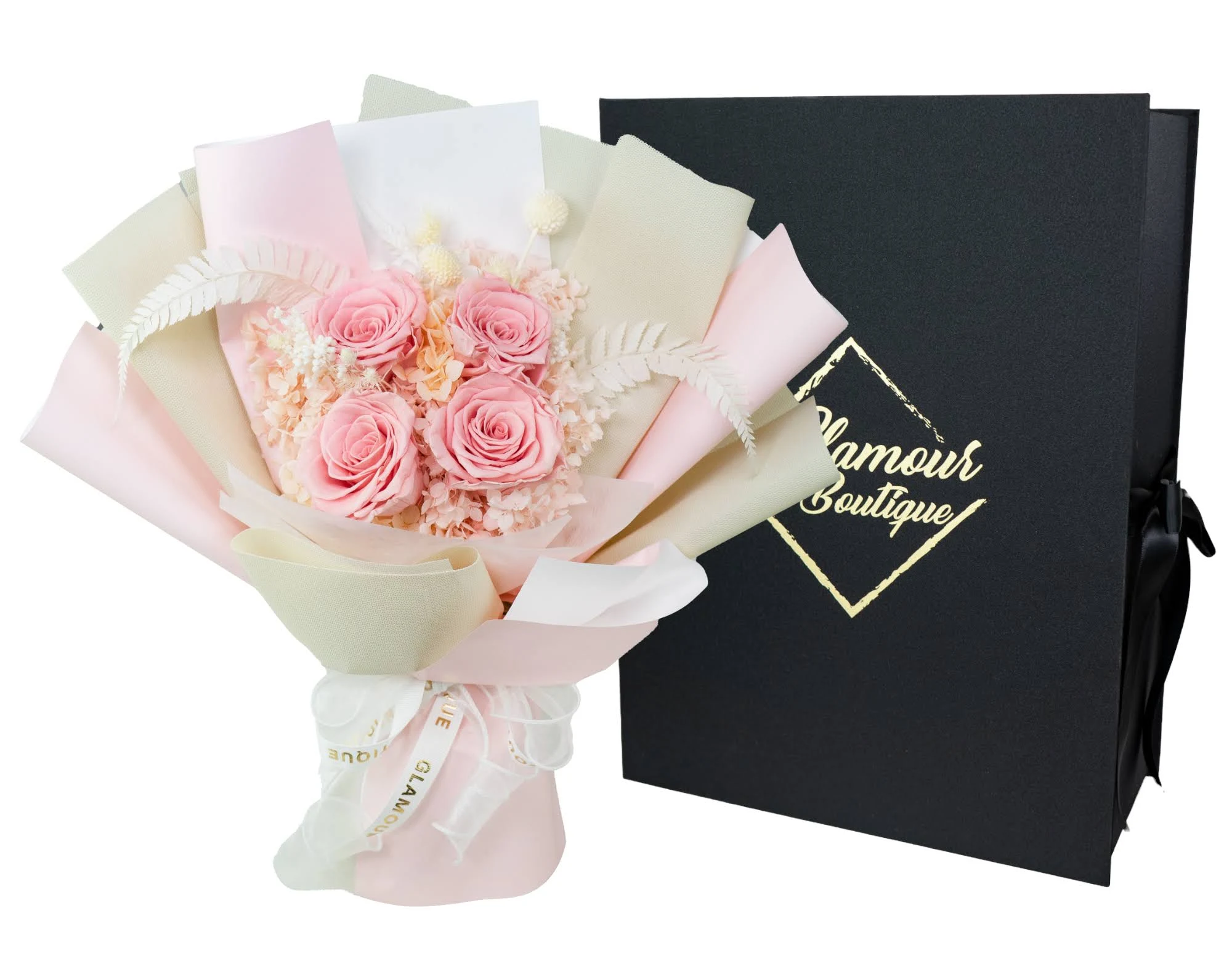 GLAMOUR BOUTIQUE Preserved Flowers Bouquet - Forever Flowers Roses in a Box with Hydrangeas & More, Gift Ready for Anniversary, Birthday, Valentine's Day, Mother's Day, Long-Lasting 1-3 Years - Pink