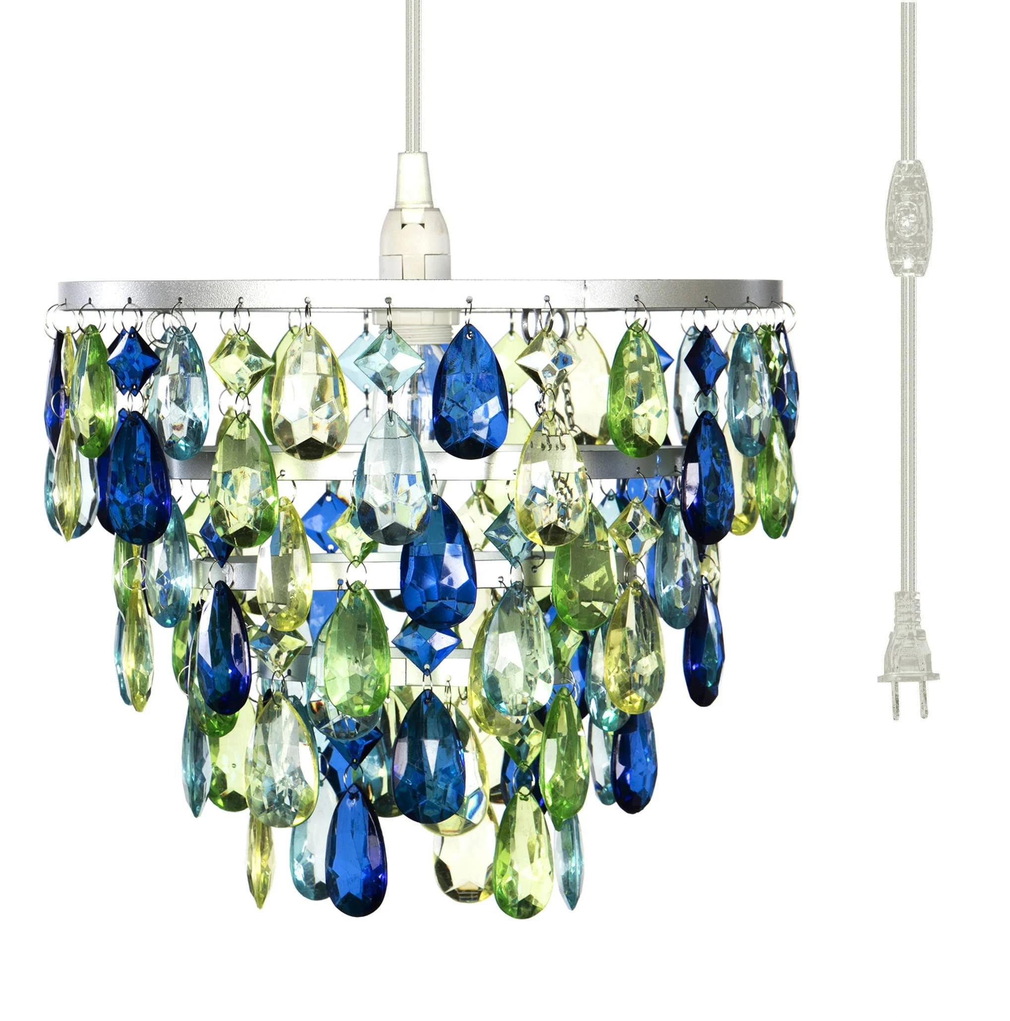 gypsy color The Original Brink House Plug-in 1 Light Blue Green Hanging Dome Chandelier H10”xW11.5”, Silver Metal Frame with 5 Tiers of Acrylic Crystals