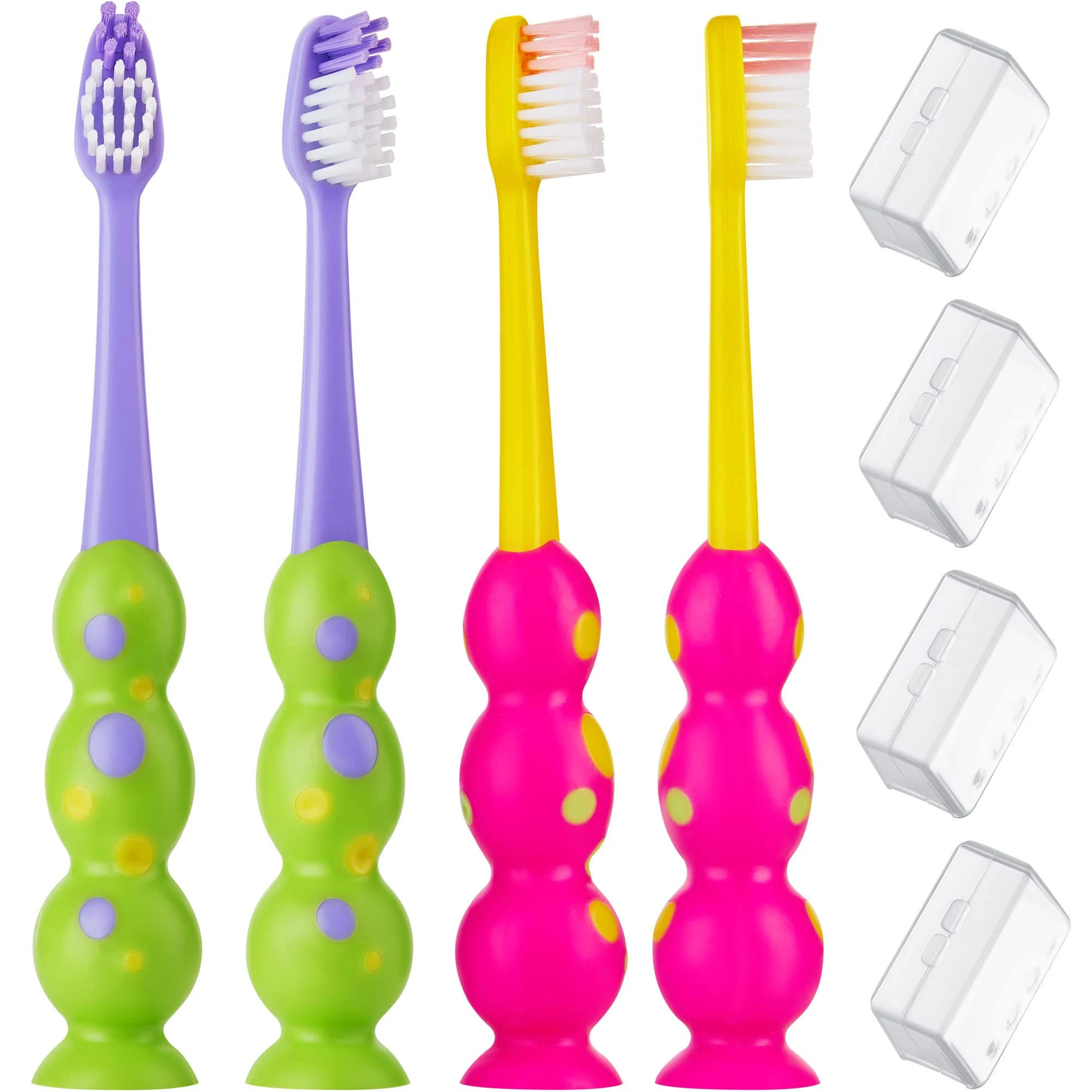 Kids Toothbrush 4 Pack - Soft Contoured Bristles - Child Sized Brush Heads (3-10 Year Old) - Suction Cup for Fun & Easy Storage - Girl & Boy Set (Green & Pink)