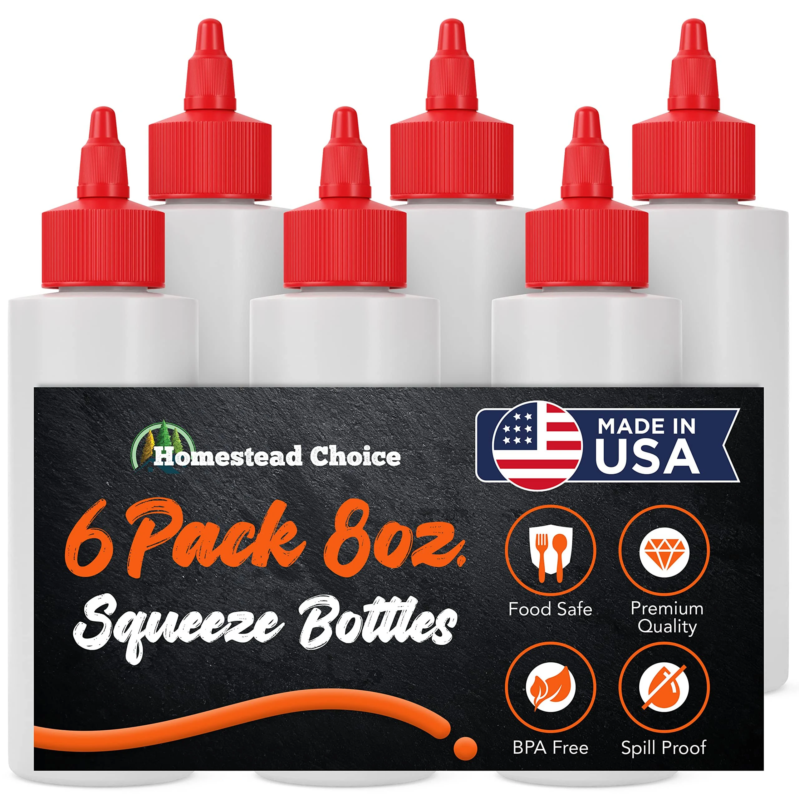 6-Pack Plastic Squeeze Condiment Bottles - 8 Ounce with Red Tip Cap - Made in US