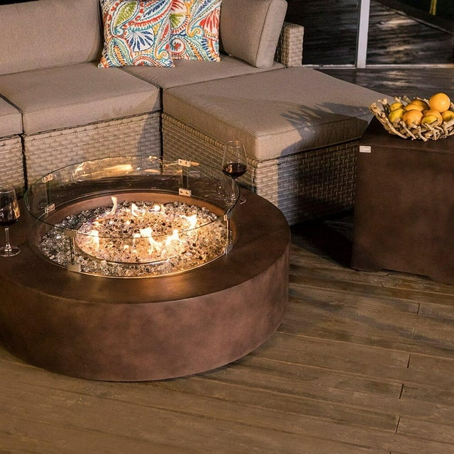 COSIEST Outdoor Propane Bronze Round Fire Pit Coffee Table Patio Heater, Wind Guard