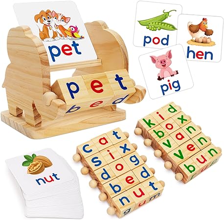 Montessori Learning Educational Toys Gifts for3 4 5 Years Old Boys and Girls, Wooden Reading Blocks Alphabet Learning Toy, Turning Rotating Letter Matching Flash Card Games for Preschool KindergartenMontessori Learning Educational Toys Gifts for3 4 5 Yea