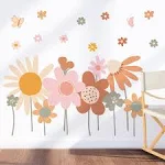 Supzone Colorful Flower Wall Stickers Boho Retro Flowers Wall Decals Large Vintage Floral Wall Art Sticker for Bedroom Living Room TV Wall Office Wall Decor Home Decoration