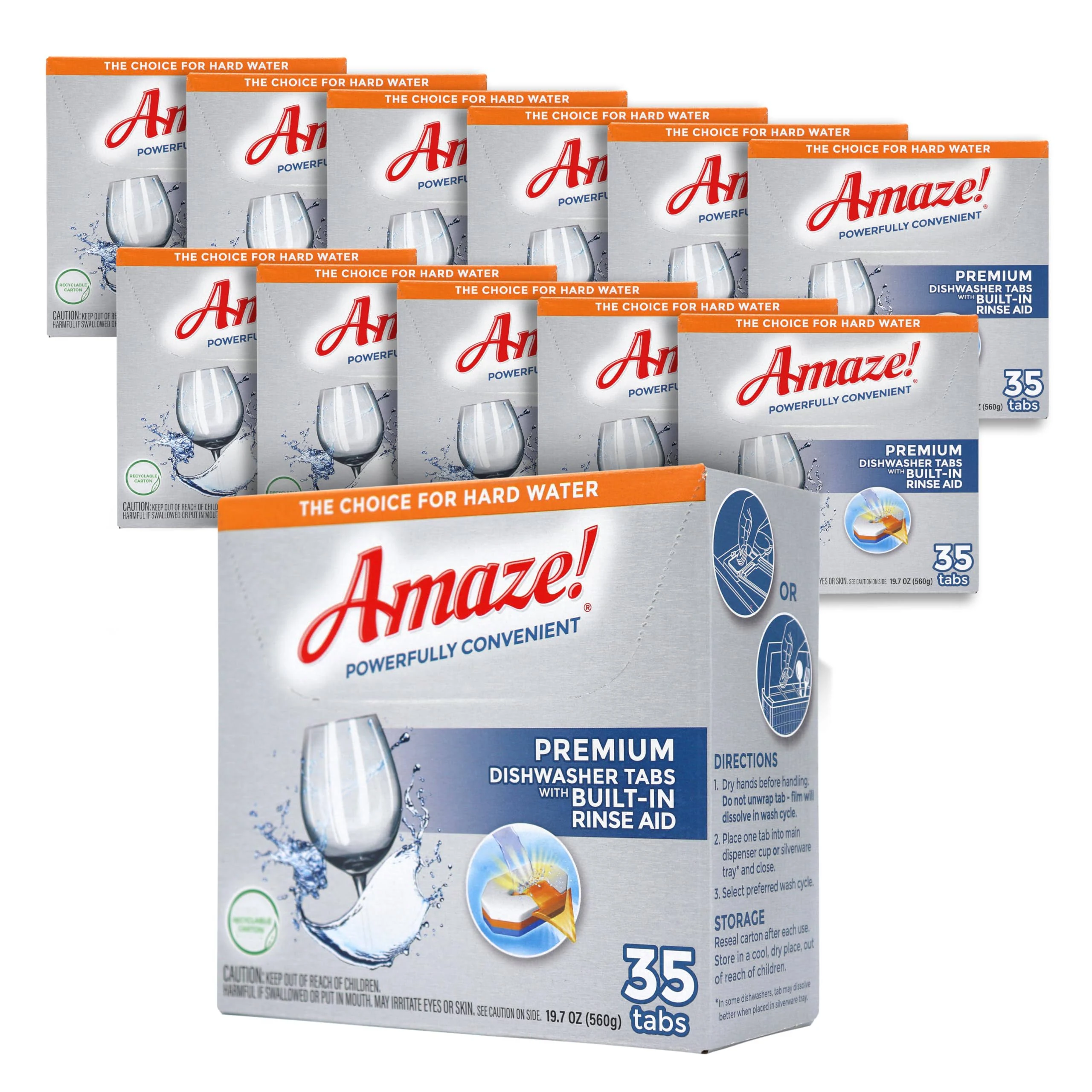 Amaze! Premium All-in-One Dishwasher Tablets (12 boxes of 35 tabs) - Fresh Scent - Powerful Dish Detergent. Fight Hard Water Buildup. High Performance. Dissolvable Film.