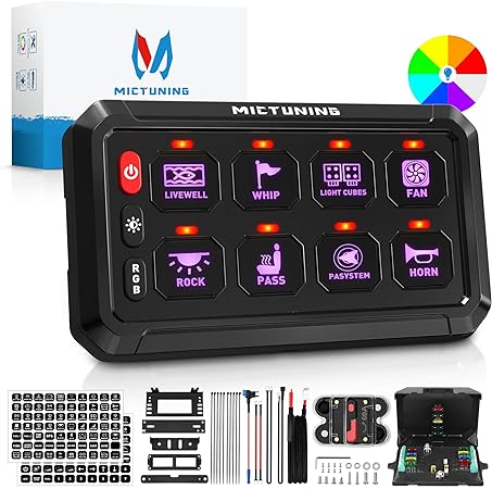 MICTUNING P1s RGB 5 Inch 8 Gang Switch Panel, High Power 5-Level Brightness Multifunction Toggle Switch Momentary Circuit Control Relay System Box for Truck SUV Offroad Marine, 2-Year Warranty