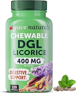 Yuve Vegan DGL Licorice Chewable Tablets 400mg - Support Stomach, Gut & Intestinal Relief - Natural Acid Reflux Formula - Ultra Pure DGL Deglycyrrhizinated Licorice Root Extract DGL Supplement - 120ct