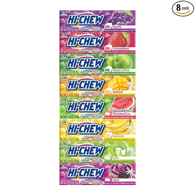 HI-CHEW Variety - Box of 8 Sticks, 1.76oz ea | 8 Flavors and Brand Sticker Included | Unique Fun Soft & Chewy Taffy Candy | Immensely Juicy Fruit Flavors