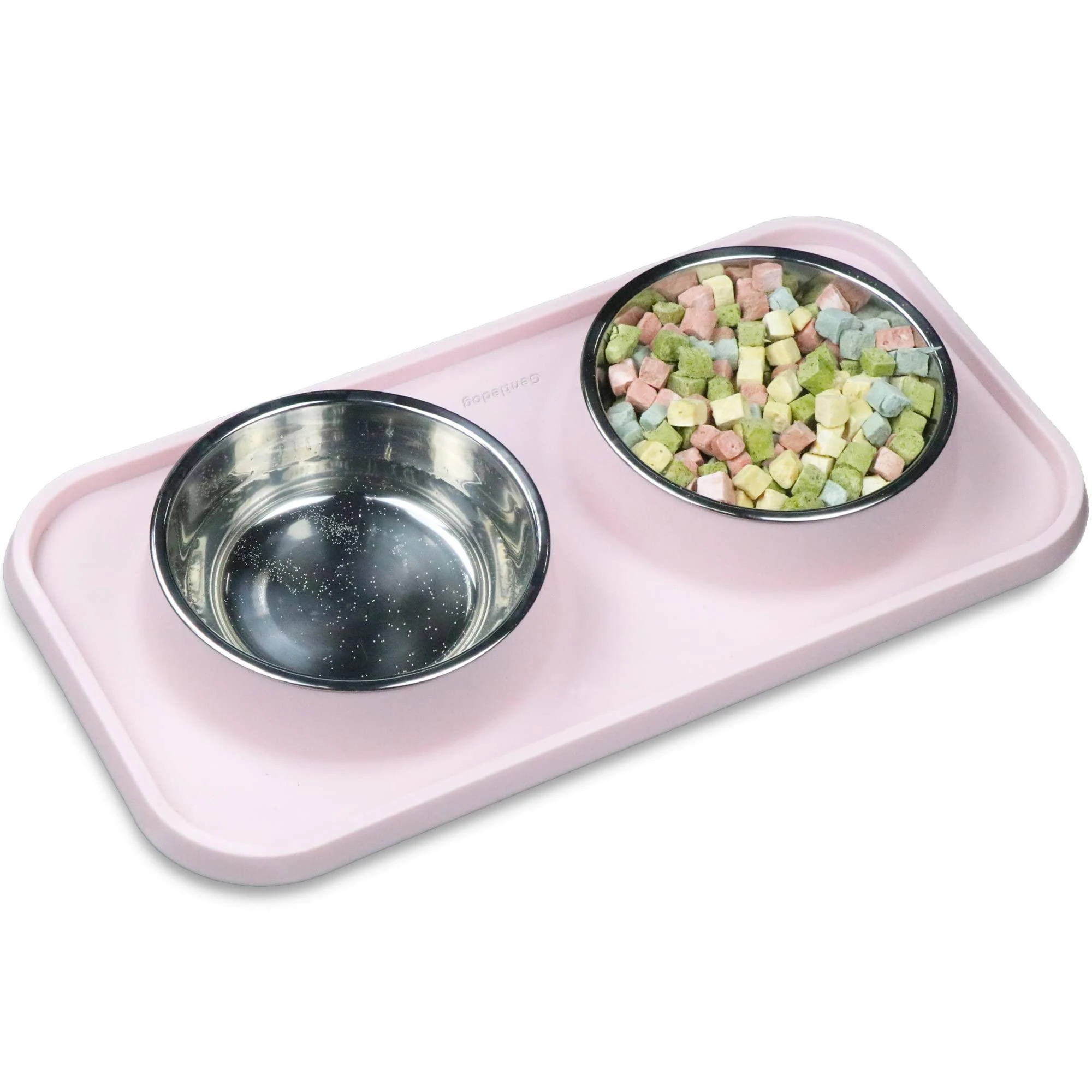 Waterproof Cat Food Bowls, Removable Stainless Steel Pet Double Bowls Set, Non-Skid and Non-Spill Raised Edge, Food and Water Bowls for Cat and Puppy(Pink)