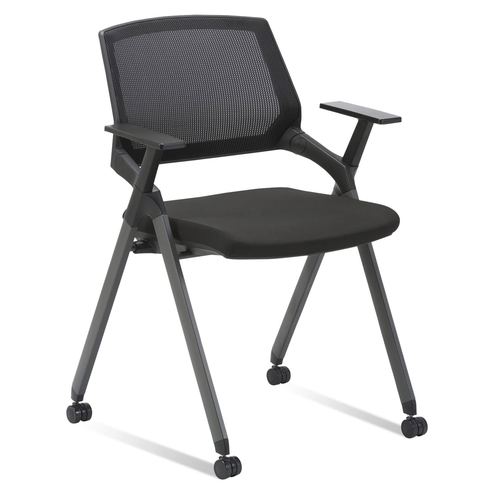 CLATINA Mesh Guest Reception Stack Chairs with Caster Wheels and Arms for Office School Church Conference Waiting Room Black