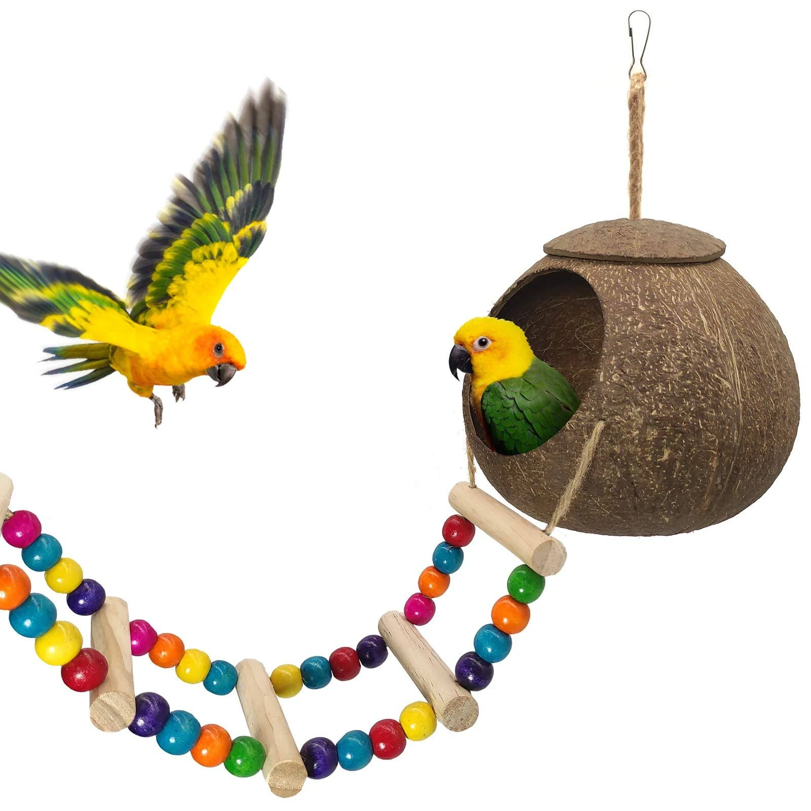 Eeaivnm Hanging Coconut Bird House with Laddernatural Coconut Fiber Shell Bird ...