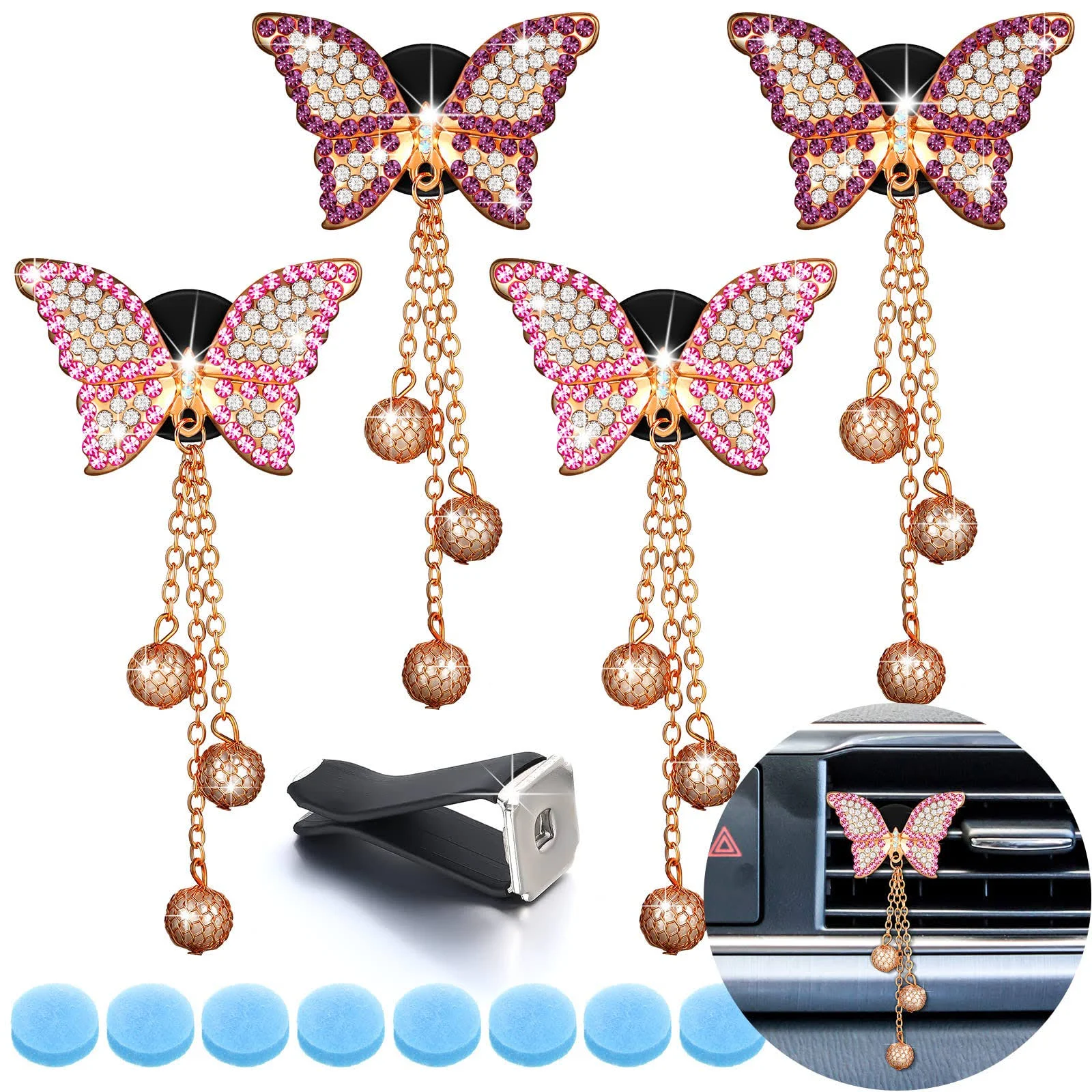 4 Pieces Bling Butterfly Car Aromatherapy Vent Clips Faux Diamond Pearl Pendant ...