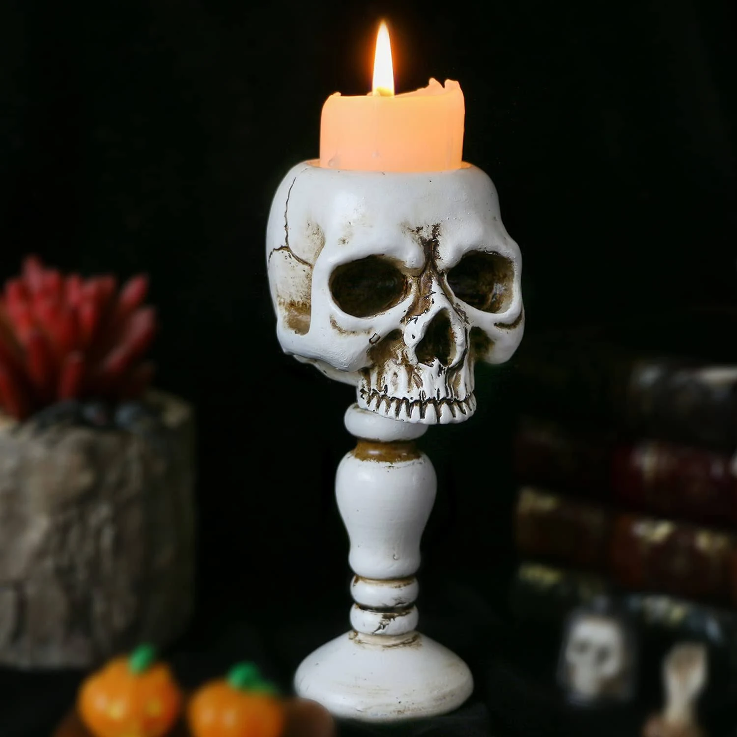 Skull Candle Holder - Gothic Tabletop Cranium Skeleton Head Candlestick Retro Spooky Desktop Tealight Cup Horrible Home Office Bar Party Graveyard Decor