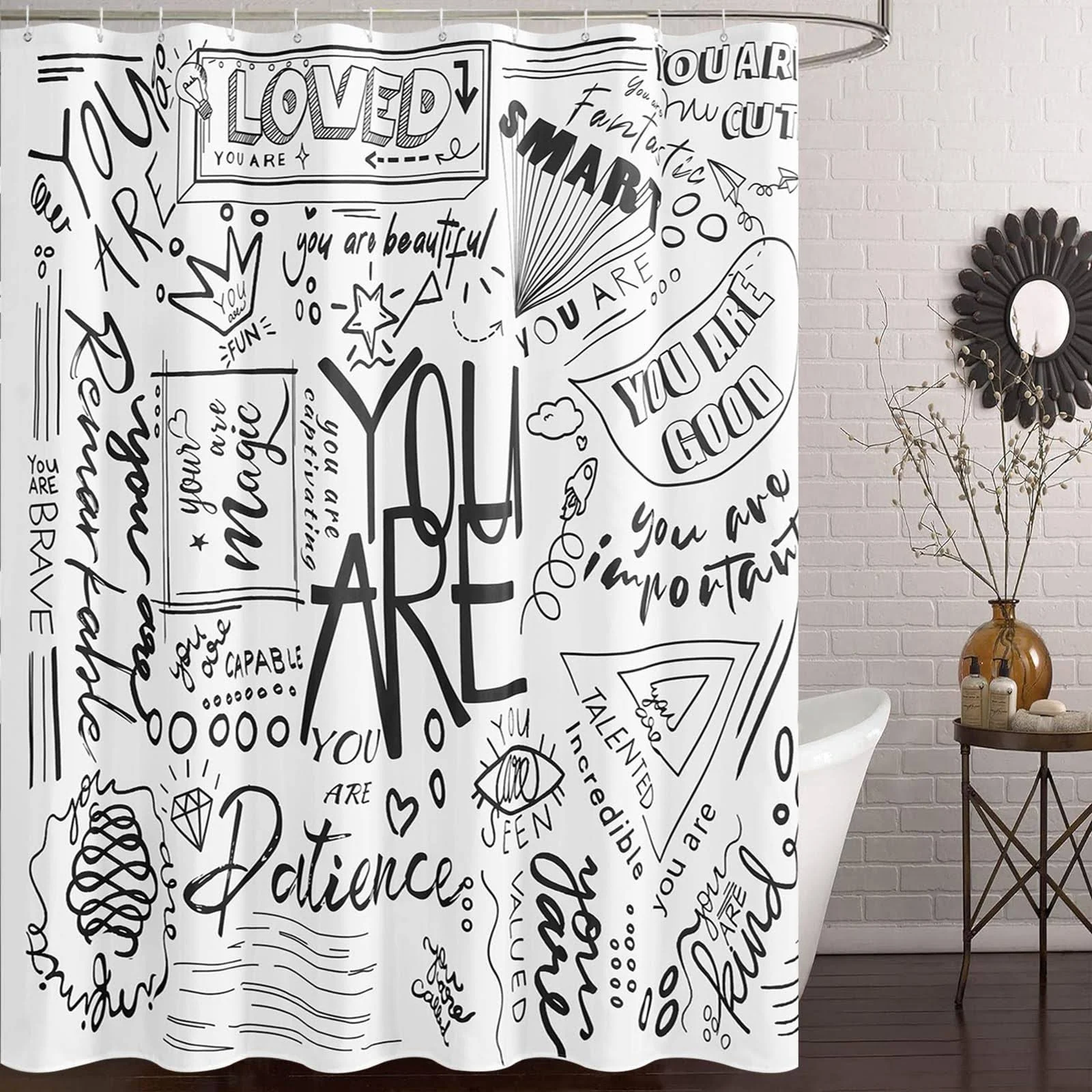 Black and White Shower Curtain Inspirational Shower Curtain Art Decor Funny Shower Curtains for Bathroom, Waterproof Polyester Fiber Shower Curtain Set with 12 Hooks 72x72 Inch