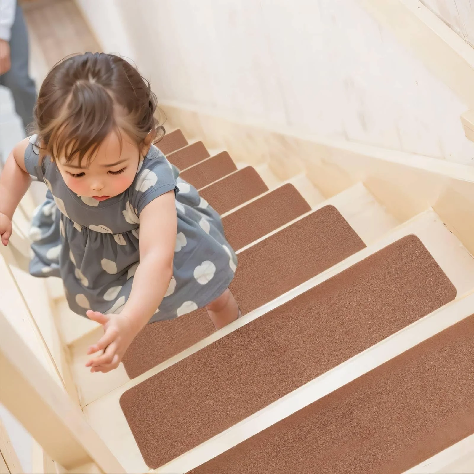 Mat Block ASM001BN 100% Polyester TPR Backing Reusable Non-Slip Runners for Wooden Steps, Carpet Suitable for Elders, Kids and Dogs, 8"x30", 14 Pieces, Brown Stair Tread, 8 inch X 30 inch