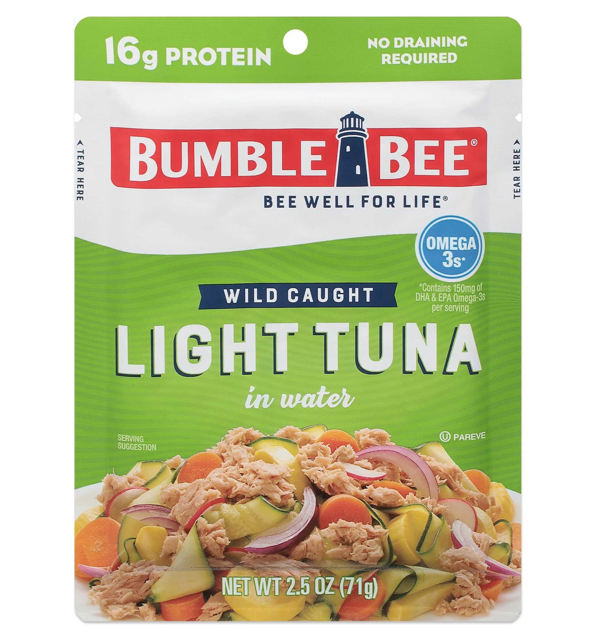 Premium Light Tuna in Water, Single Serve Pouch, 2.5 oz