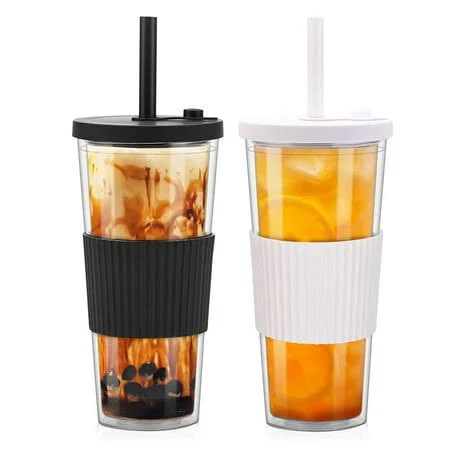 2 Pack Reusable Boba Tea Cups, 24oz Iced Coffee Cup with Straw and Lid, Leakproof Clear Plastic Cups Tumbler, Double Wall Insulated Smoothie Tumbler, Wide Straw for Bubble Tea, Black and White