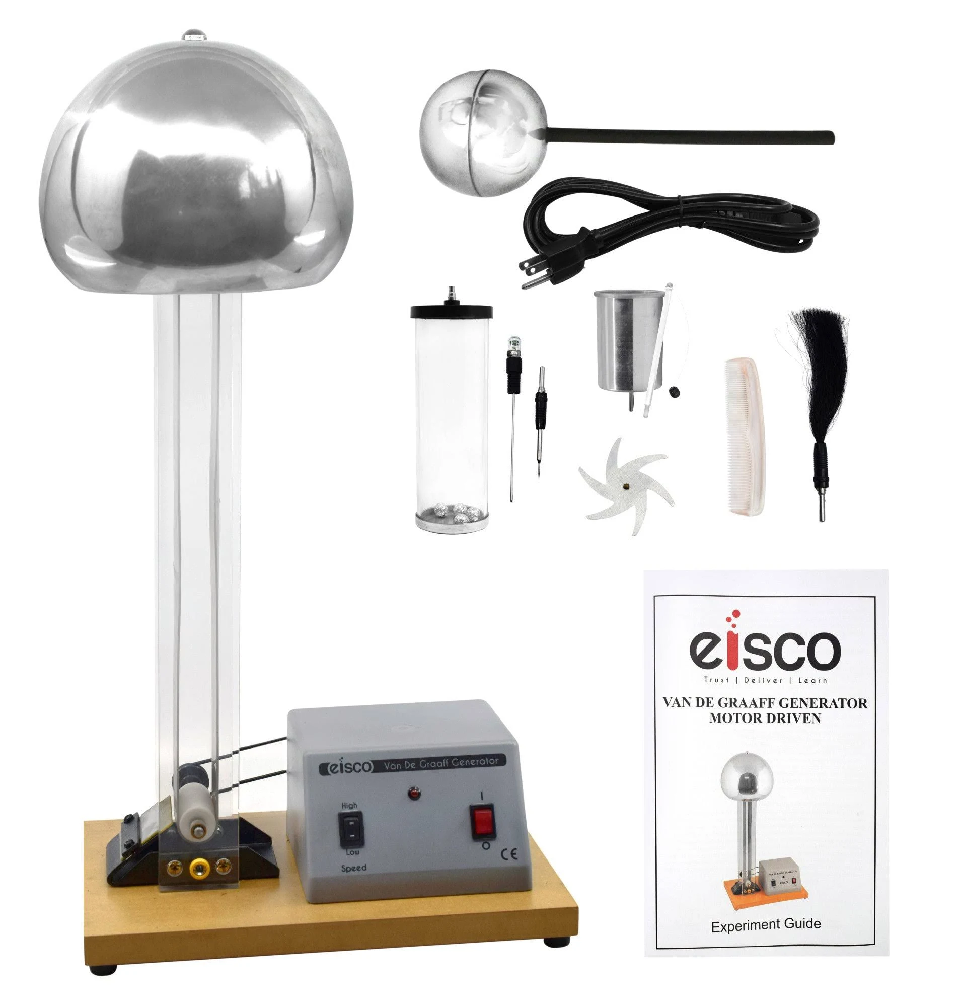 EISCO Van De Graaff Generator, Motor Driven - 120/240V, 50/60Hz - Includes Assembled Base with DC Motor, Power Cord, Discharge Wand, & Accessories - 22" Tall