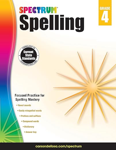 Spectrum Spelling Workbook Grade 4, Ages 9 to 10, 4th Grade Spelling Workbook, Handwriting Practice with Vowels, Diagraphs, Parts of Speech, and ... English Dictionary - 208 Pages (Volume 31)