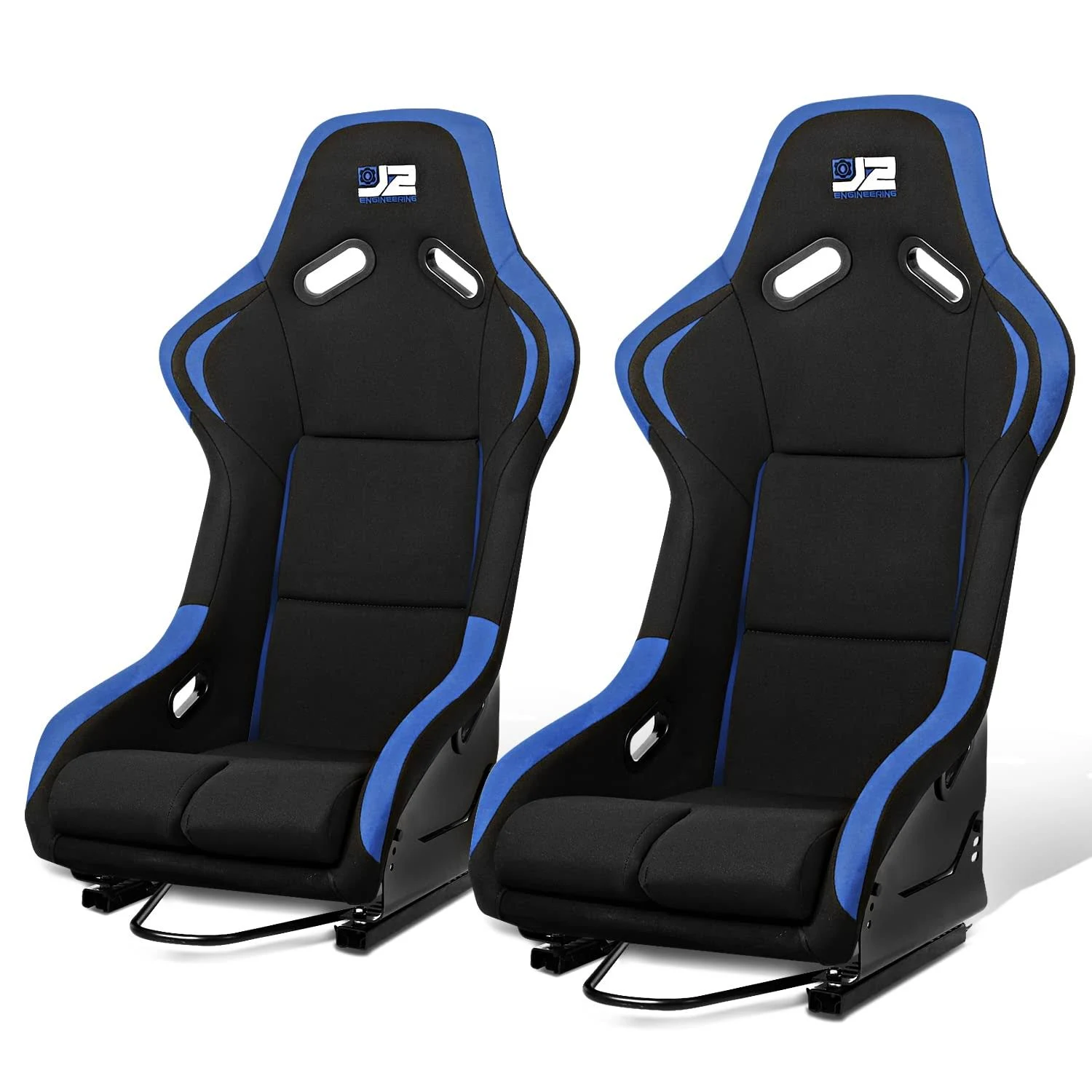 J2 Engineering J2-RS-001-BL Pair of Universal Fixed Position Bucket Racing Seat w/Side Mount Brackets & Sliders for 4 or 5 Point Harness, Black/Blue