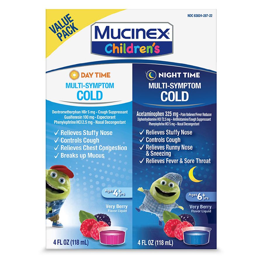 Mucinex Children's Day & Night Combo Pack, Kids Cold Medicine / Kids Cough Medicine, Daytime Cold Medicine & Night Time Cold and Flu Medicine, Mucinex Kids Medicine, Berry Flavor Liquid (2 X 4 Fl Oz)