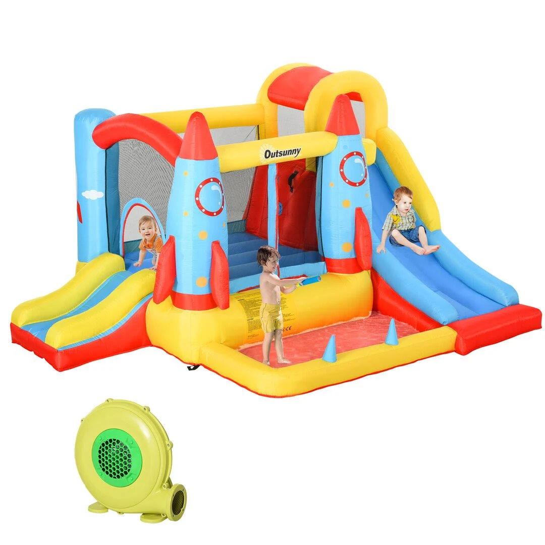 Outsunny Kids Inflatable Water Slide, 4-in-1 Bounce House Jumping Castle with 2 Slides, Climbing Wall, Trampoline, & Water Pool Area, Air Blower