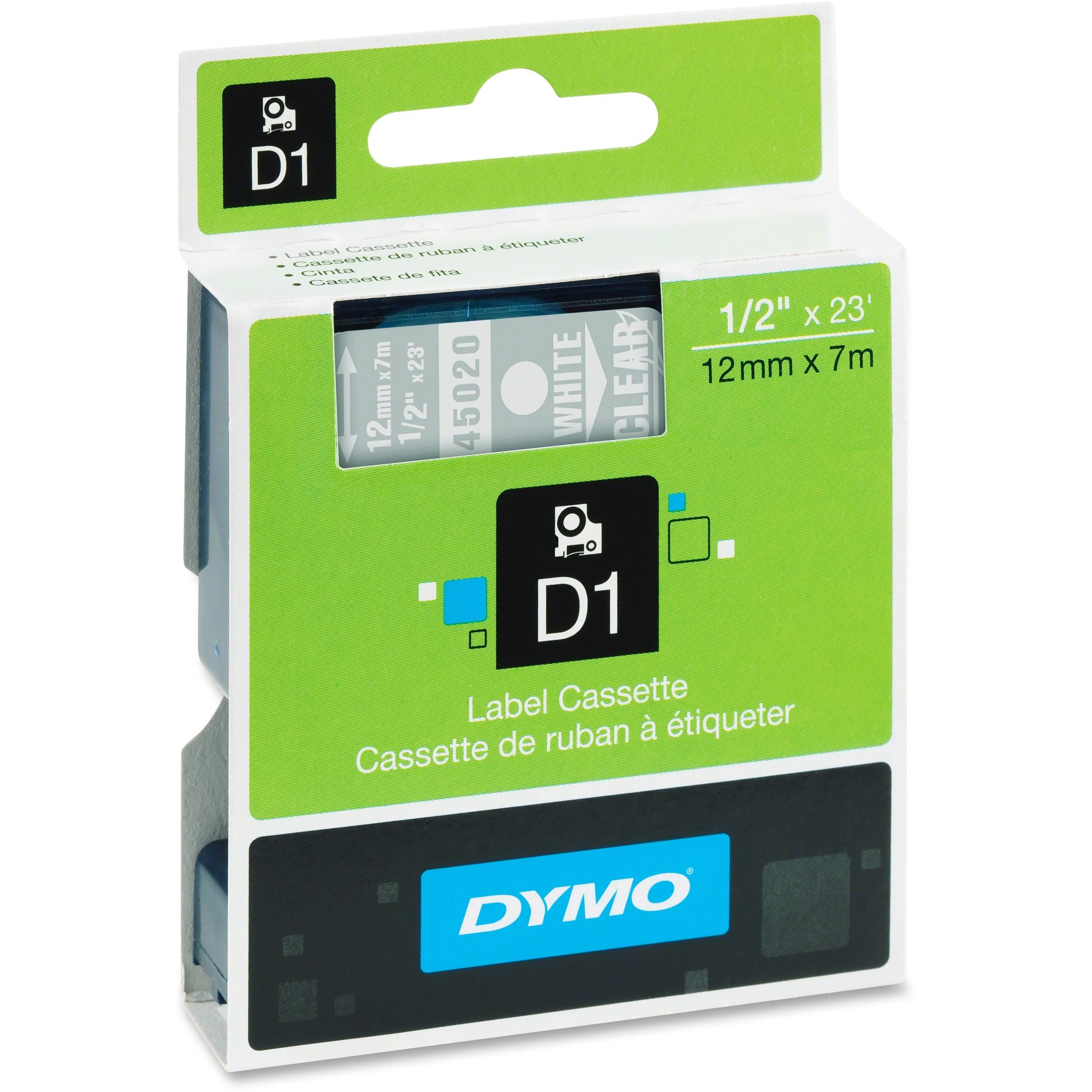 DYMO Standard D1 45020 Labeling Tape (White Print on Clear Tape, 1/2'' W x 23' L, 1 Cartridge), DYMO Authentic