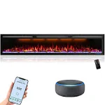 88 Inch WiFi-Enabled Electric Fireplace Inserts & Wall Mounted, Slim Electric Fireplace Heater, 750/1500w, Adjustable Flame Color, Remote Control & Touch Screen, Logs & Crystals, Black