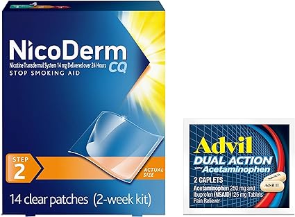 NicoDerm CQ Step 2 Nicotine Patches to Quit Smoking - 14 mg, Stop Smoking Aid, 14 Count, Plus Advil Dual Action Coated Caplets with Acetaminophen, 2-Count